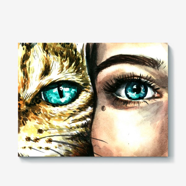 Холст «голубые глаза, девушка и кошка»