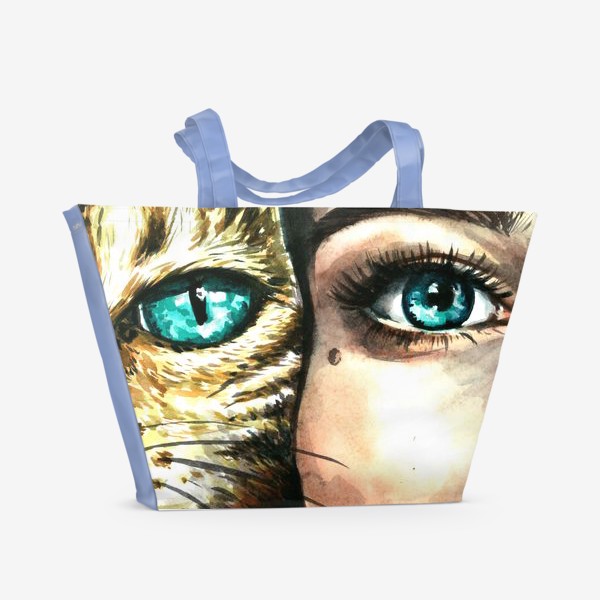Пляжная сумка «голубые глаза, девушка и кошка»