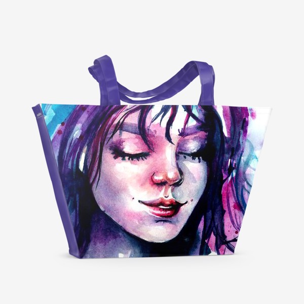 Пляжная сумка «Фиолетовая девушка, акварель»