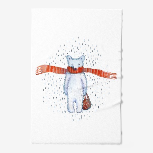 Полотенце «Белый медведь в красном шарфе. Зима. Акварель. Прозрачный фон.»