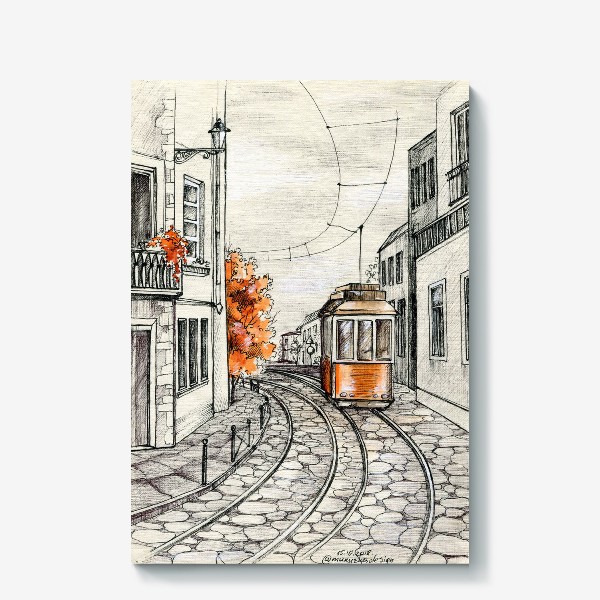 Холст «Акварельная иллюстрация осень в Лиссабоне»