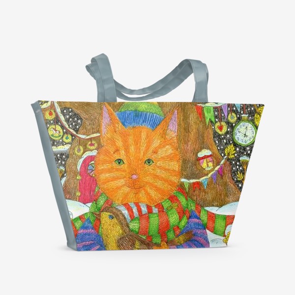 Пляжная сумка «Милый рыжий кот в Новый год»