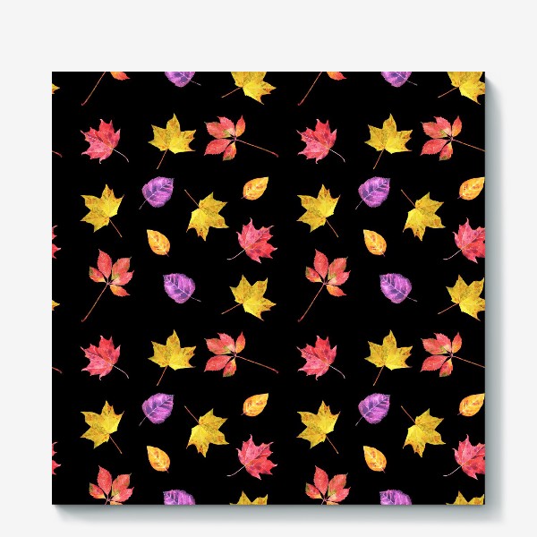 Холст &laquo;Золотая осень, разноцветные осенние листья, акварельный паттерн на темном фоне&raquo;