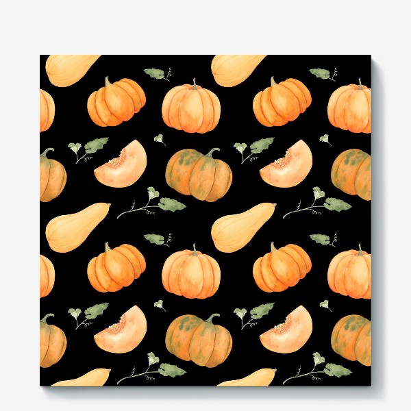 Холст «Осенние тыквы. акварельный принт на черном фоне»