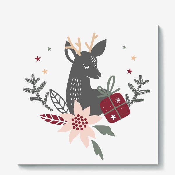 Холст &laquo;милый рождественский олень с венком и подарками&raquo;