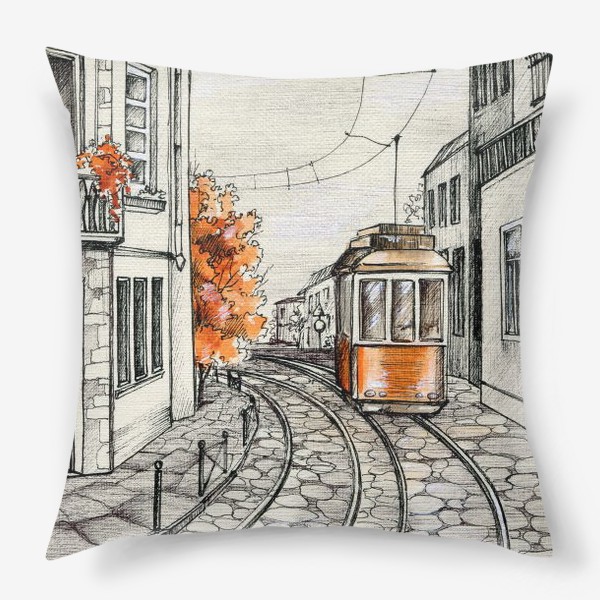 Подушка «Акварельная иллюстрация осень в Лиссабоне»