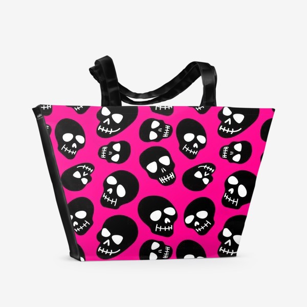 Пляжная сумка «Черные черепки на розовом фоне. Хэллуин»