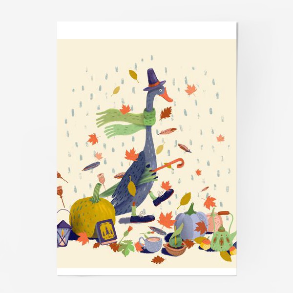 Постер «Гусь в шляпе, тыквы, чайник, книга, фонарь, осенние листья»