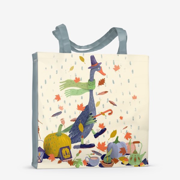 Сумка-шоппер «Гусь в шляпе, тыквы, чайник, книга, фонарь, осенние листья»