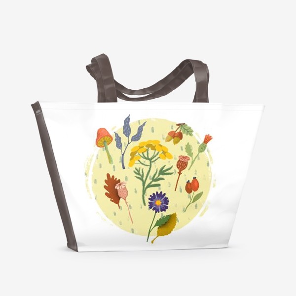Пляжная сумка &laquo;Маковые коробочки, пижма, шиповник, осенние цветы и листья&raquo;
