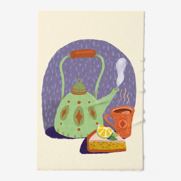 Полотенце &laquo;Чайник, лимонный пирог и кружка. Осеннее.&raquo;