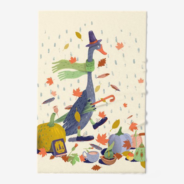 Полотенце &laquo;Гусь в шляпе, тыквы, чайник, книга, фонарь, осенние листья&raquo;