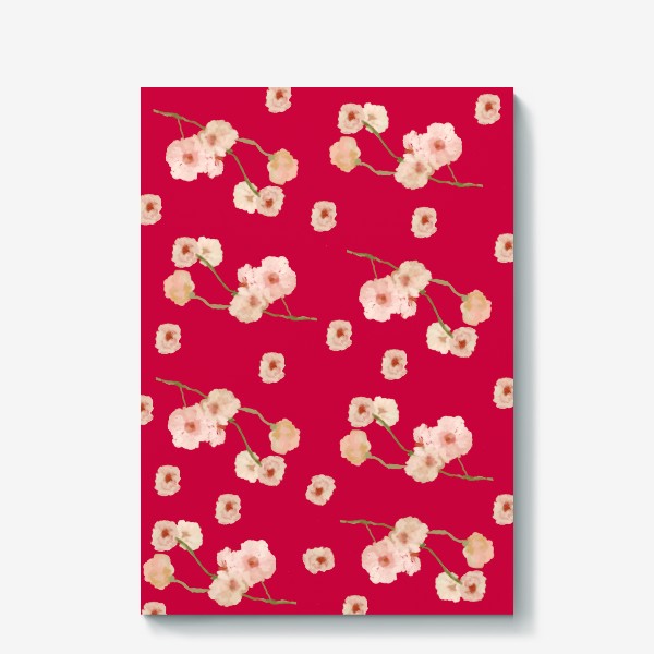 Холст «Паттерн цветение сакуры на красном»