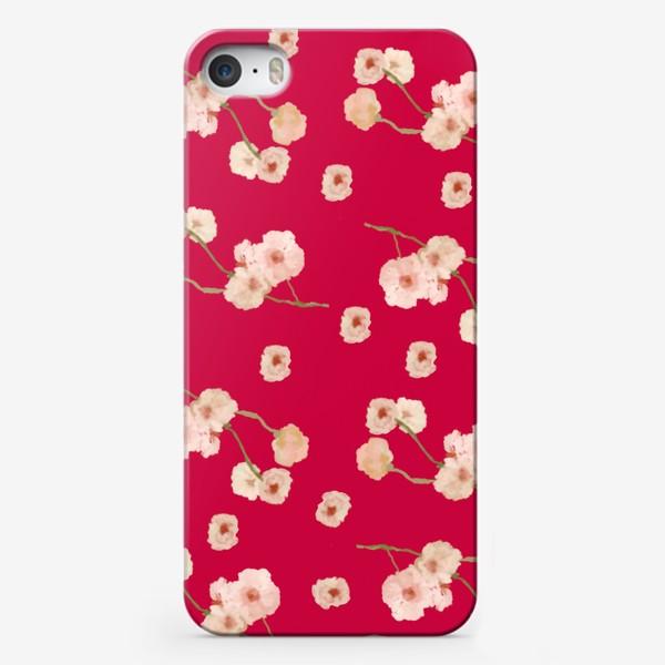 Чехол iPhone «Паттерн цветение сакуры на красном»