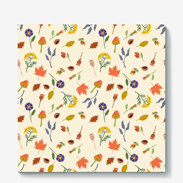 Холст &laquo;Осенние листья, цветы, грибы, желуди, орехи&raquo;