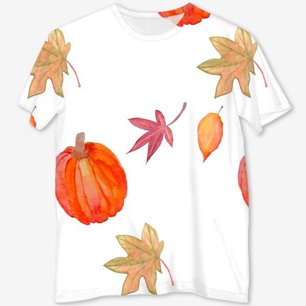 Футболка с полной запечаткой &laquo;Осенний паттерн с листьями и тыквой&raquo;