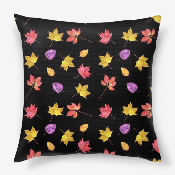 Подушка «Золотая осень, разноцветные осенние листья, акварельный паттерн на темном фоне»