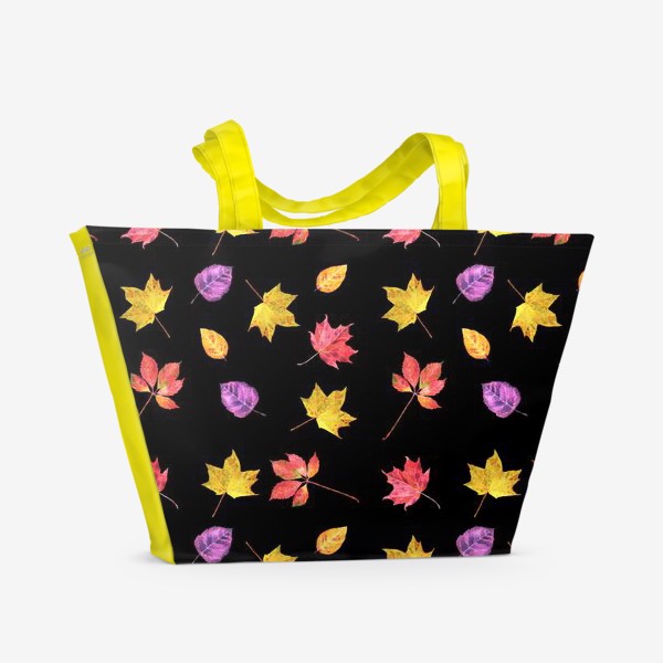 Пляжная сумка «Золотая осень, разноцветные осенние листья, акварельный паттерн на темном фоне»