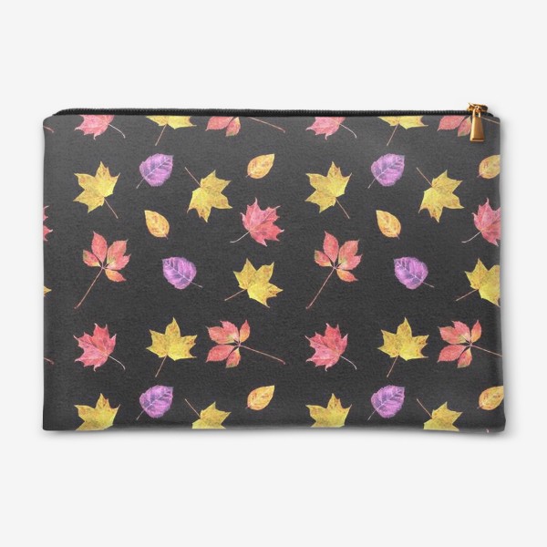 Косметичка «Золотая осень, разноцветные осенние листья, акварельный паттерн на темном фоне»