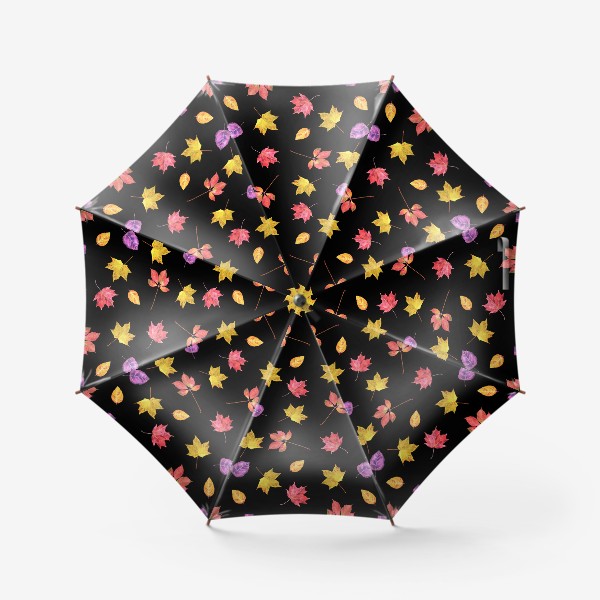 Зонт «Золотая осень, разноцветные осенние листья, акварельный паттерн на темном фоне»