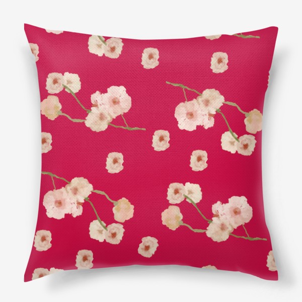 Подушка «Паттерн цветение сакуры на красном»