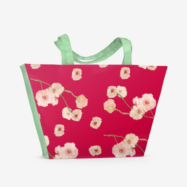 Пляжная сумка «Паттерн цветение сакуры на красном»