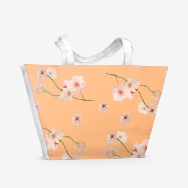 Пляжная сумка «Паттерн цветущая сакура на персиковом »