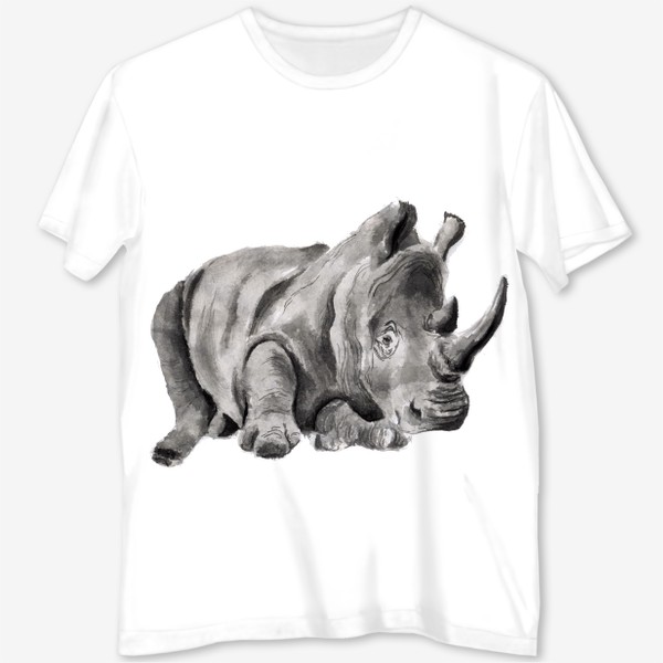 Футболка с полной запечаткой «Огромный носорог лежит отдых»