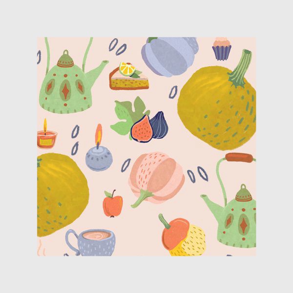 Скатерть «Тыквы, чайник, листья, свечи, инжир, варенье, сладости»
