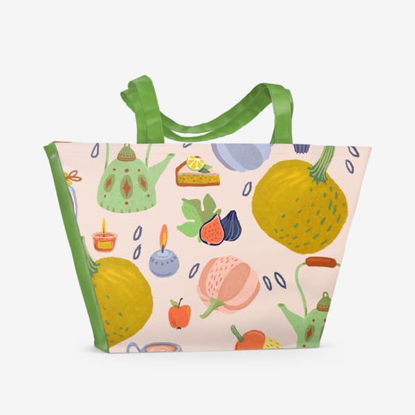 Пляжная сумка «Тыквы, чайник, листья, свечи, инжир, варенье, сладости»