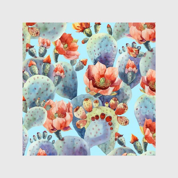 Шторы «Цветущие кактусы на голубом фоне»