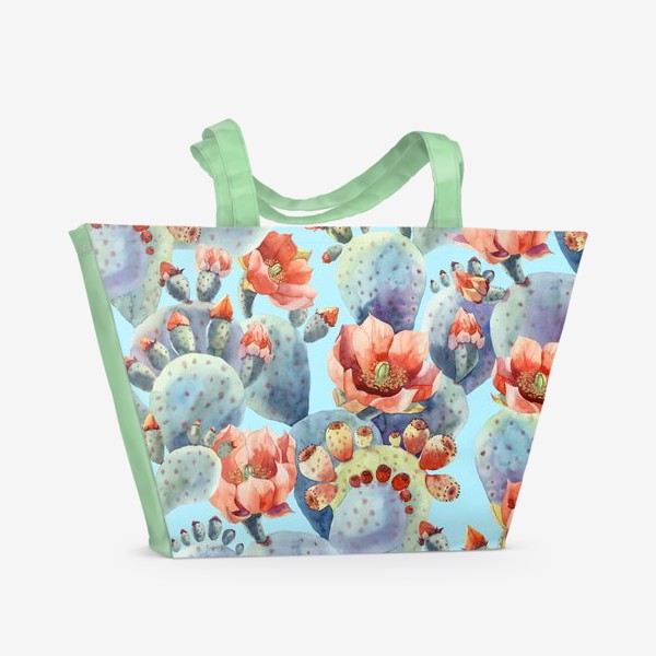 Пляжная сумка «Цветущие кактусы на голубом фоне»