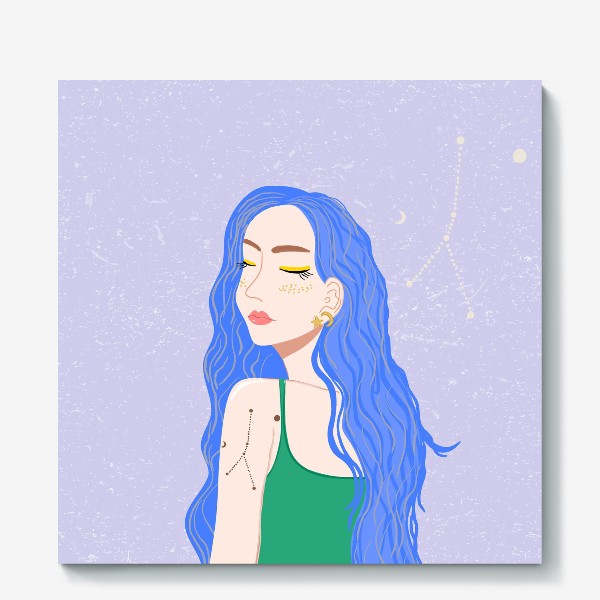 Холст «Young pretty woman with long blue hair and zodiac tattoo»