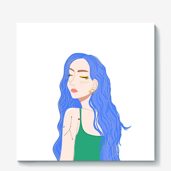 Холст «Young pretty woman with long blue hair and zodiac tattoo, white background»