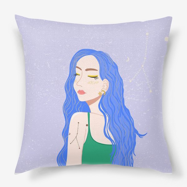 Подушка «Young pretty woman with long blue hair and zodiac tattoo»