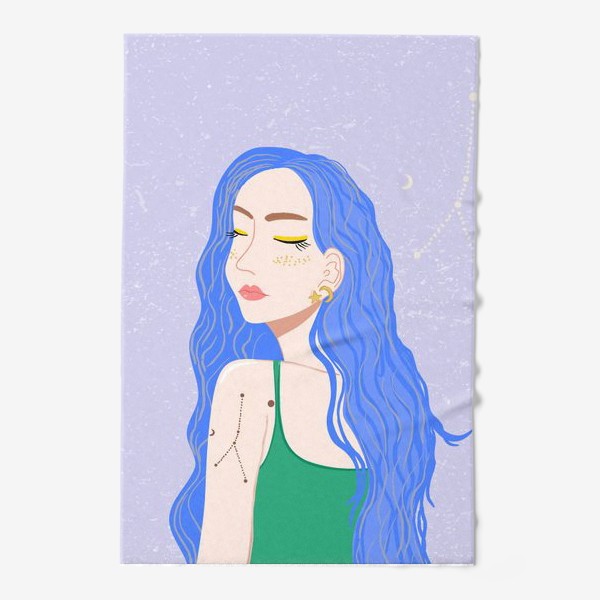 Полотенце «Young pretty woman with long blue hair and zodiac tattoo»
