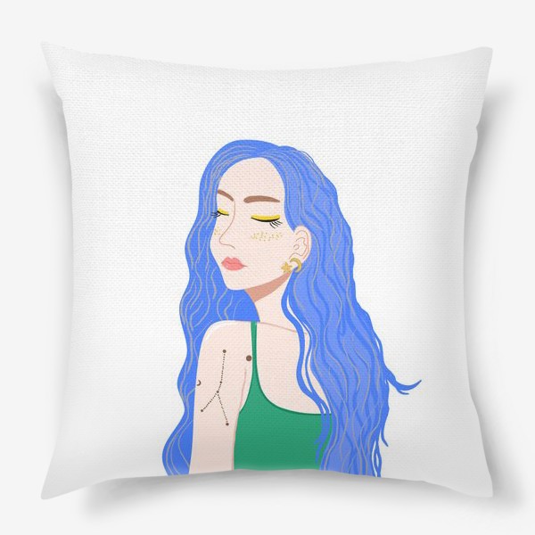 Подушка &laquo;Young pretty woman with long blue hair and zodiac tattoo, white background&raquo;