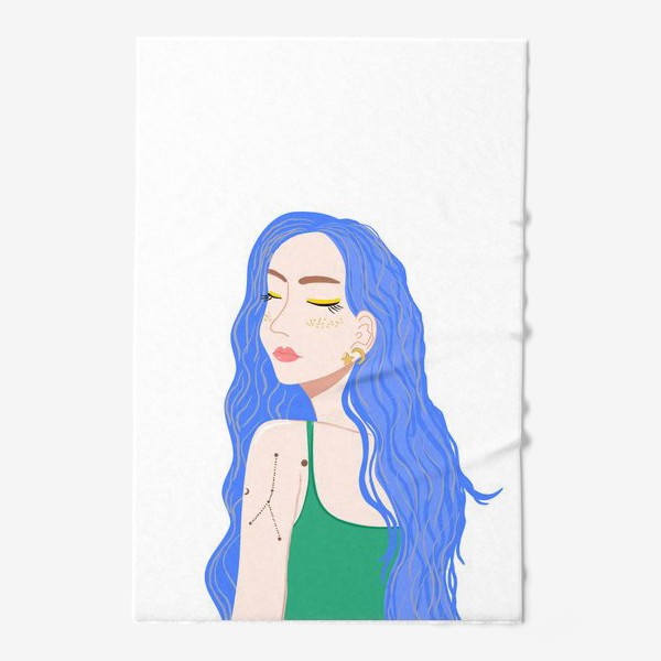 Полотенце «Young pretty woman with long blue hair and zodiac tattoo, white background»