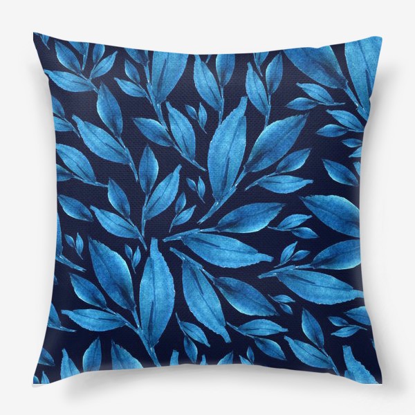 Подушка «Синие листья на черном фоне»