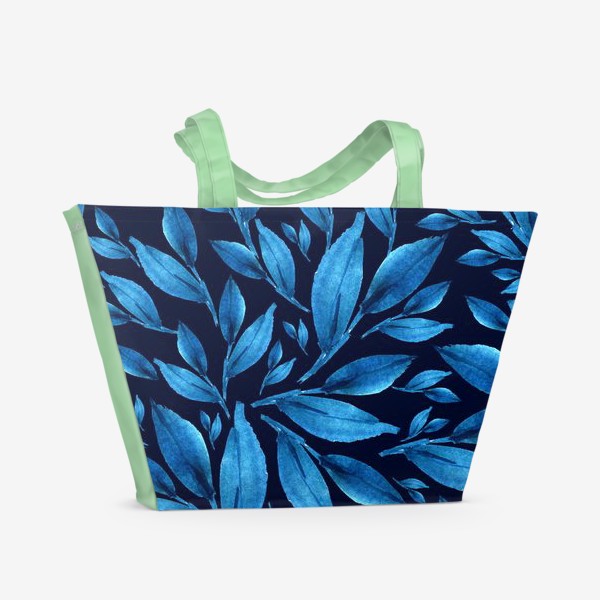 Пляжная сумка «Синие листья на черном фоне»
