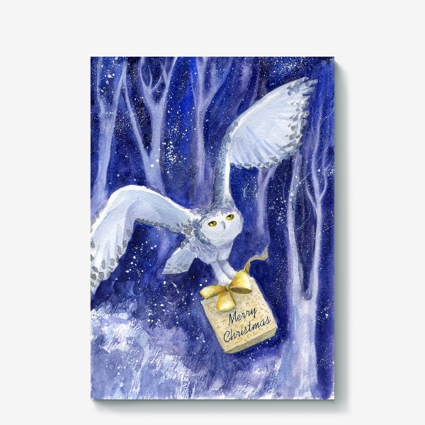 Холст «Белая сова с новогодним подарком»