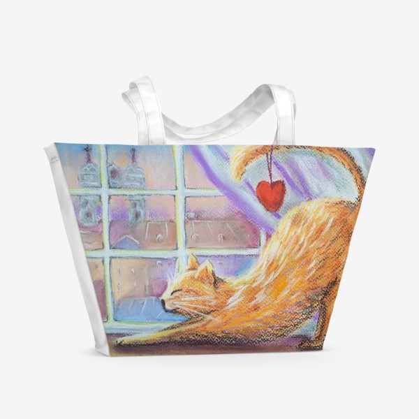 Пляжная сумка «Влюбленный котик Городской пейзаж Романтика День всех влюбленных »