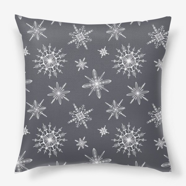 Подушка «Уютный новогодний паттерн снежинки на сером скандинавия»