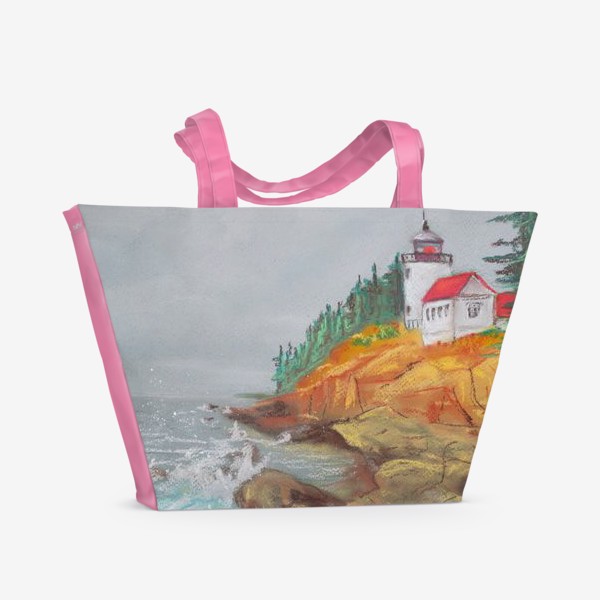 Пляжная сумка «Картина Маяк Морской пейзаж Марина Осеннее побережье Волны Пастель»