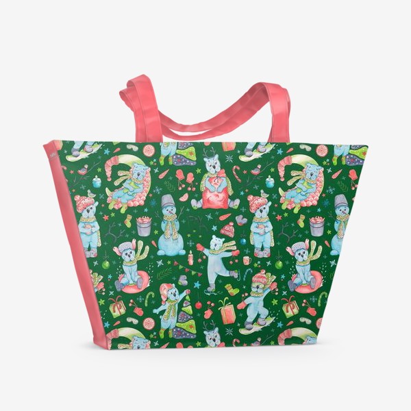 Пляжная сумка «Полярные мишки. Новый год. Зеленый.»