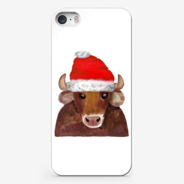 Чехол iPhone «Новогодний бычёк в красном колпаке»