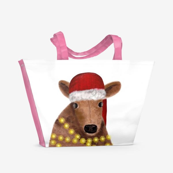 Пляжная сумка «Милый новогодний бык с гирляндой»