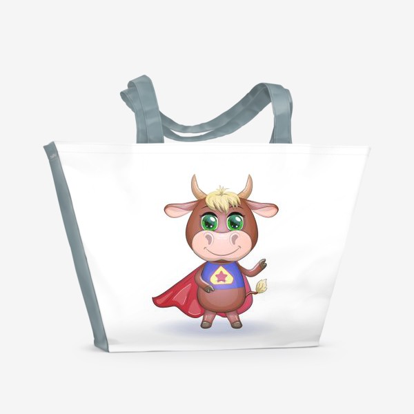 Пляжная сумка «Бык, символ 2021 года, бык-супер герой спешит на помощь»