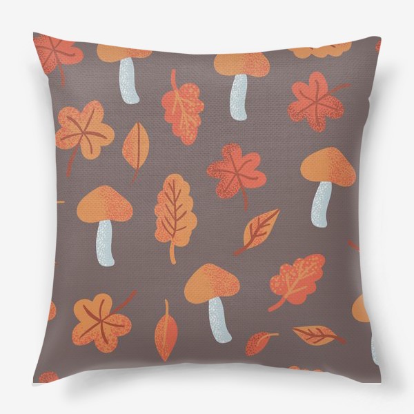 Подушка «Осенний паттерн, оранжевые листья и грибы»