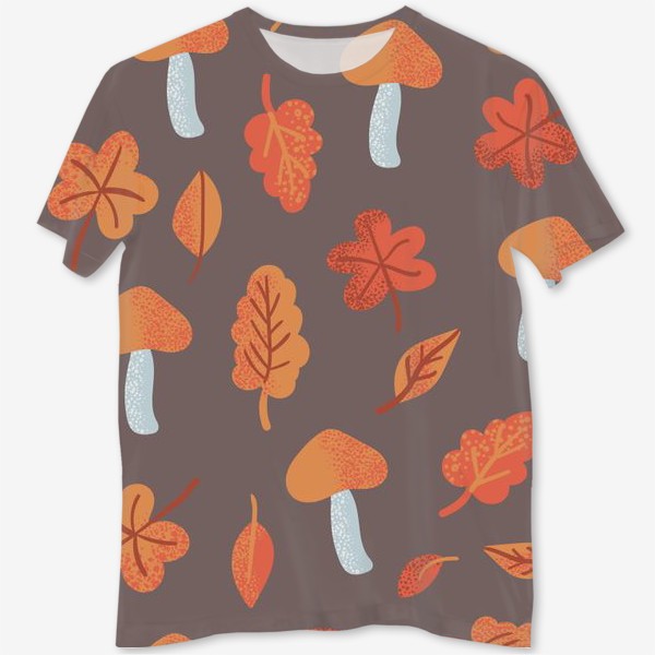 Футболка с полной запечаткой «Осенний паттерн, оранжевые листья и грибы»